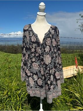 Lucky Brand Boho Black Floral Peasant Tunic Top 3X